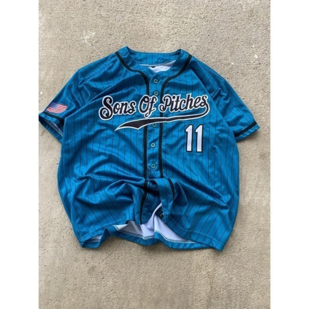 Sons Of Pitches Shirt Mens XL Blue Pinstripe Baseball Jersey American Flag 11 Do